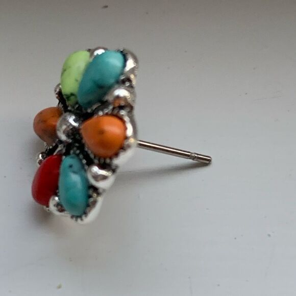 Zuni Cluster Style Studs - Turquoise Tone Western Flower Earrings - Picture 7 of 9